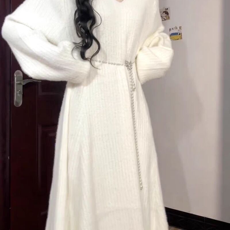 Mink Velvet Long White V-Neck Inner Layer Knitted Sweater Dress for Women Early Autumn and Winter Long Sweater Dress