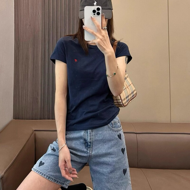 American Outlet Classic Round-Neck Pony Logo White Short-Sleeve T-Shirt for Women, Casual, Breathable, Loose-Fitting, Pure Cotton