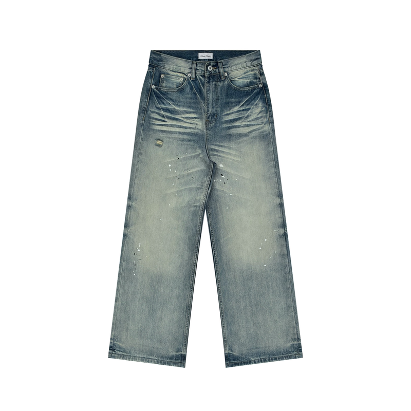 Loneshade Cream Light Blue A-Line Straight Loose Whiskered Honeycomb Splatter Ink Washed Jeans
