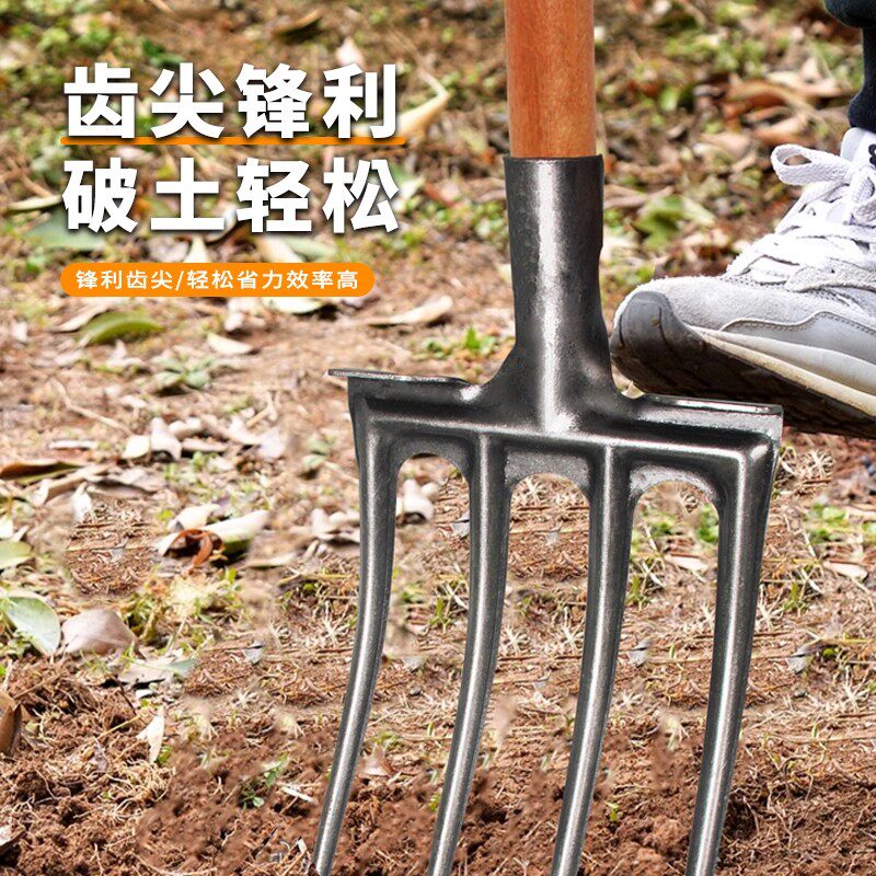 Four-Toothed All-Steel Fork for Loosening Soil, Five-Toothed Fork with Wooden Handle for Farming, Ginger Fork