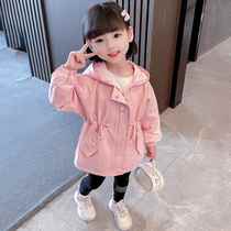 Girls wind jersey net red Even cap autumn clothing 2022 new children embroidery cute baby to collect waist blouses foreign air jacket