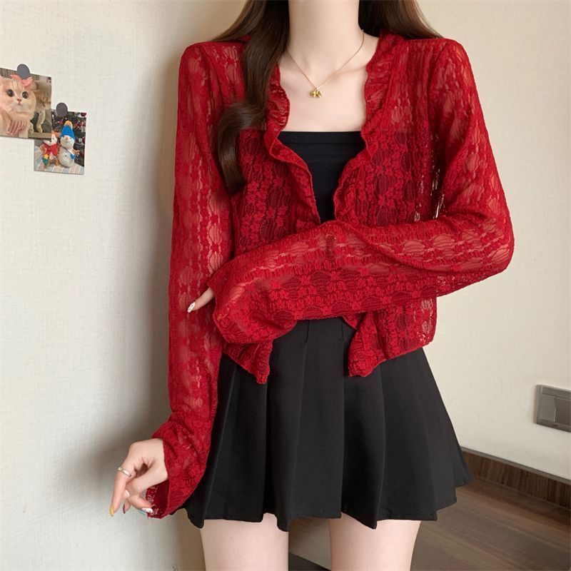 French-Style Korean Ruffled Hollow-Out Versatile Cardigan Lace Base Shirt Solid Color Elegant Dopamine Outerwear Top French-Style Korean Ruffled Hollow-Out Versatile Cardigan Lace Base Shirt Solid Color Elegant Dopamine Outerwear Top