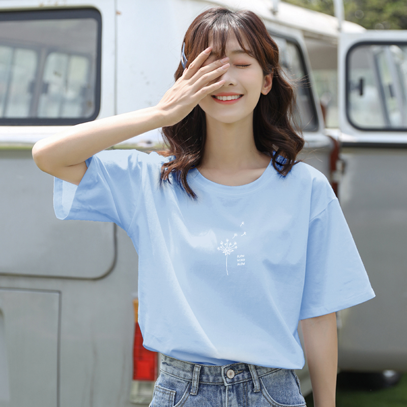 Milk Blue Pure Cotton Short-Sleeved T-Shirt for Women 2026 Summer New Design Niche Loose Half-Sleeved Top T-Shirt