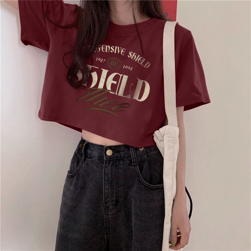 Burgundy Short-Sleeved T-Shirt for Women, Regular Shoulder, Pure Cotton, Loose Fit, Dopamine Style, Plus Size, Petite, Short Top