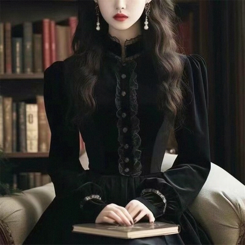 Banquet Black Long Dress, Palace-Style Gown, French-Style Elegant Slim-Fit Dress, Spring and Autumn Vintage Dress, Velvet with a High-End Feel Banquet Black Long Dress, Palace-Style Gown, French-Style Elegant Slim-Fit Dress, Spring and Autumn Vintage Dress, Velvet with a High-End Feel