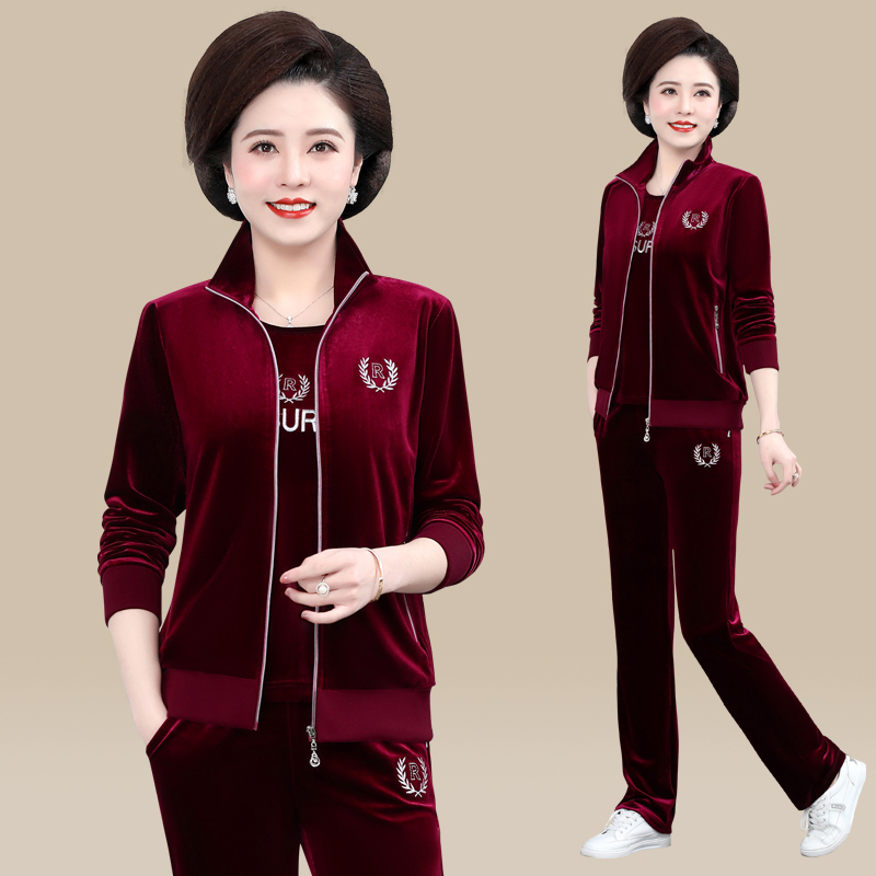 Gold Velvet Sports Suit for Women 2025 New Spring & Fall Stand-Up Collar Elegant Sweatshirt Loose Casual Wear Three-Piece Set