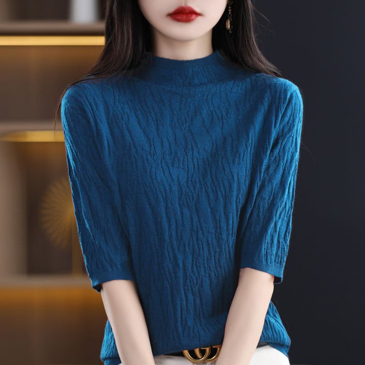 2026 Early Autumn New Wool Sweater, Half-High Collar, Short-Sleeved, Loose-Fitting, Slimming Knit Base Shirt, Thin Mid-Sleeve Sweater for Women 2026 Early Autumn New Wool Sweater, Half-High Collar, Short-Sleeved, Loose-Fitting, Slimming Knit Base Shirt, Thin Mid-Sleeve Sweater for Women