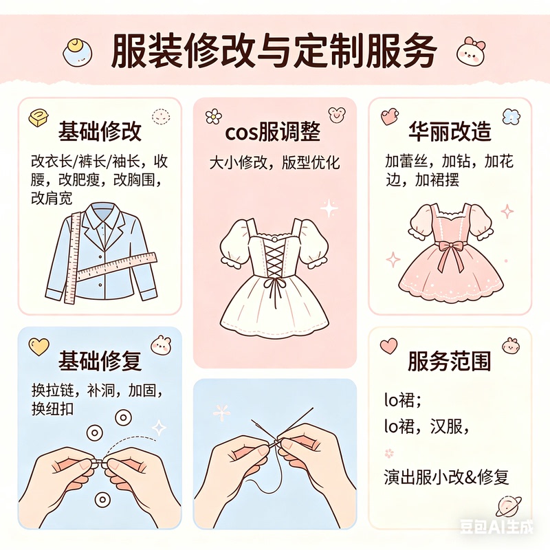 All Categories of Clothing Are Professionally Tailored, Including Lo Skirts, Cos Costumes, and Suits. We Can Adjust Shoulder and Waist Sizes, Add or Remove Zippers, and Provide Full Service