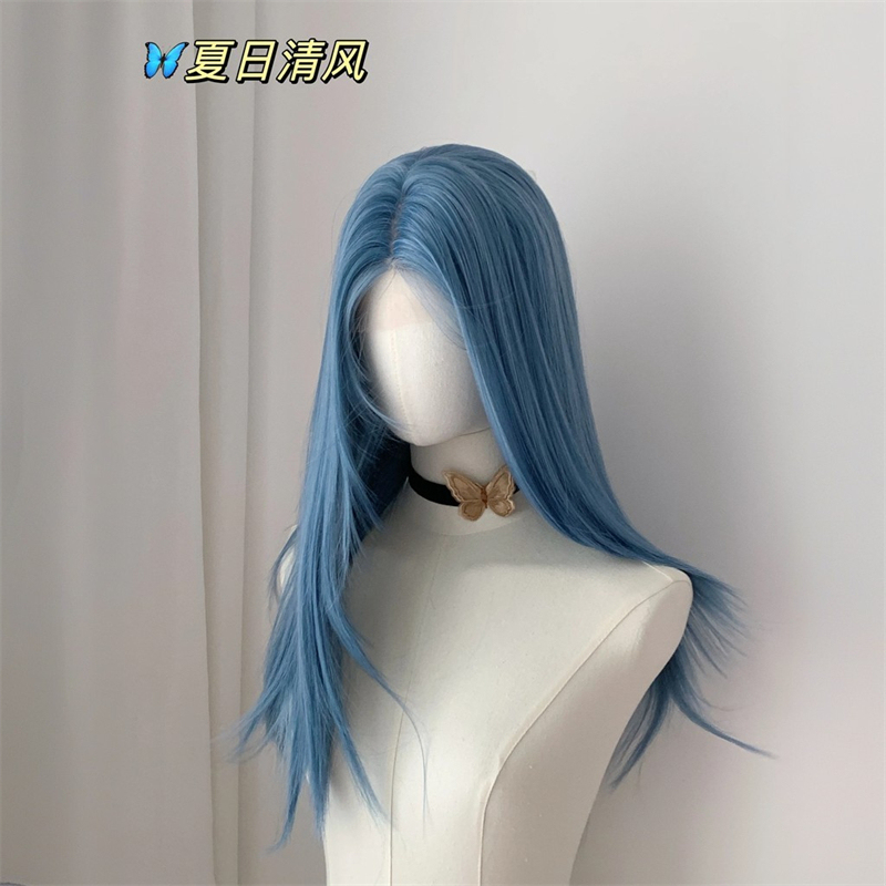 Blue Wig for Women, Lace Front, Middle Part, Long Straight Hair, Haze Blue, Internet Celebrity Lolita Style, Daily Wig, Full Head Cover