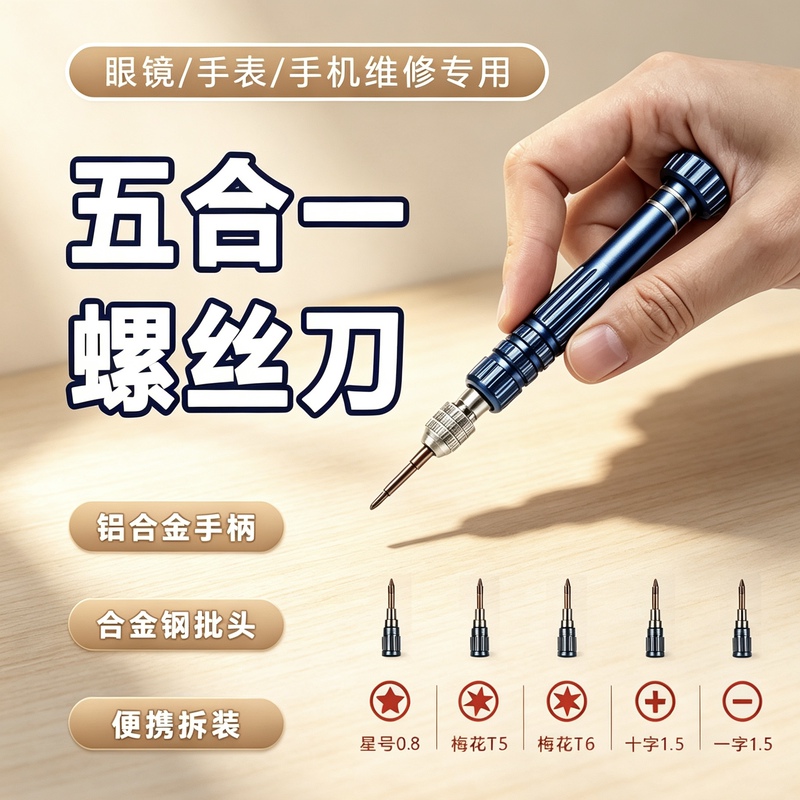 Convenient Small Screwdriver for Eyeglass Frames and Watches, Universal Tool with Flathead, Phillips, Hex, Five-In-One Mini Multi-Function