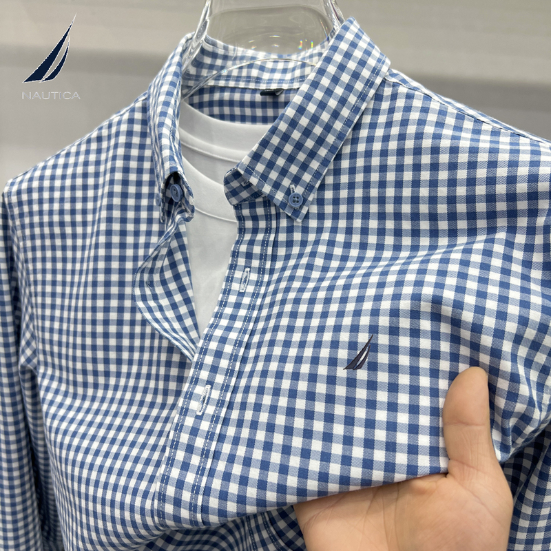 Nautica Men's Long-Sleeved Plaid Shirt with Lyocell Lapel Embroidered Logo, No-Iron, Anti-Wrinkle Cotton Shirt Nautica Men's Long-Sleeved Plaid Shirt with Lyocell Lapel Embroidered Logo, No-Iron, Anti-Wrinkle Cotton Shirt