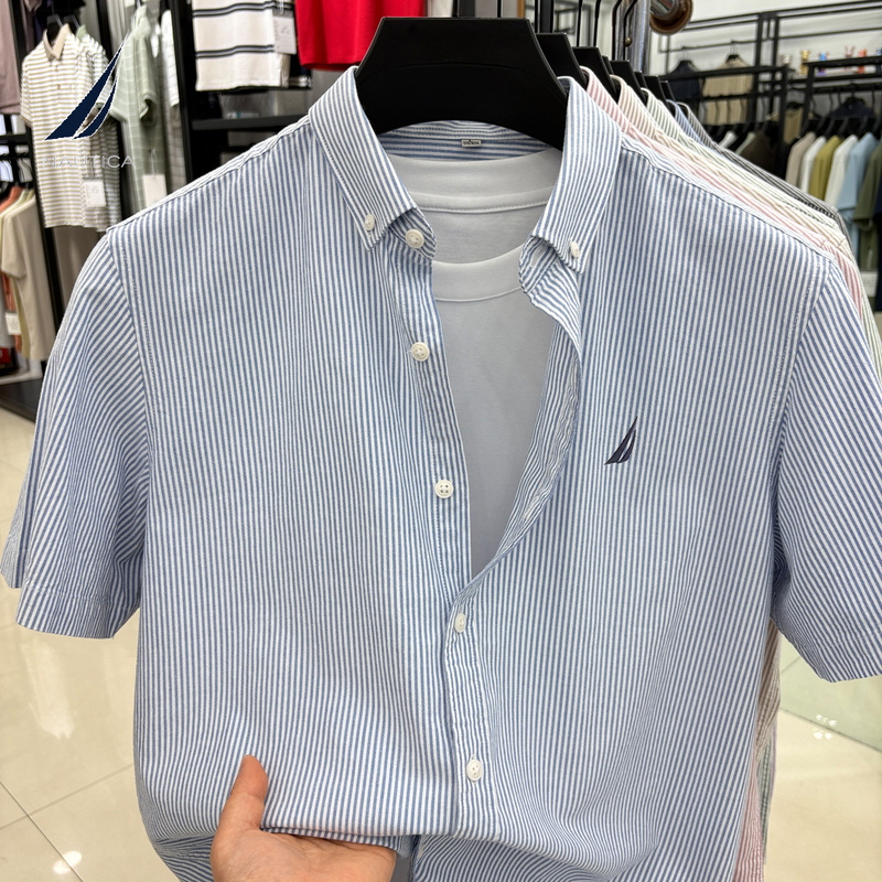 Nautica Men's New Summer Short-Sleeved Shirt Pure Cotton Vertical Stripes Embroidered Business Casual Shirt Nautica Men's New Summer Short-Sleeved Shirt Pure Cotton Vertical Stripes Embroidered Business Casual Shirt