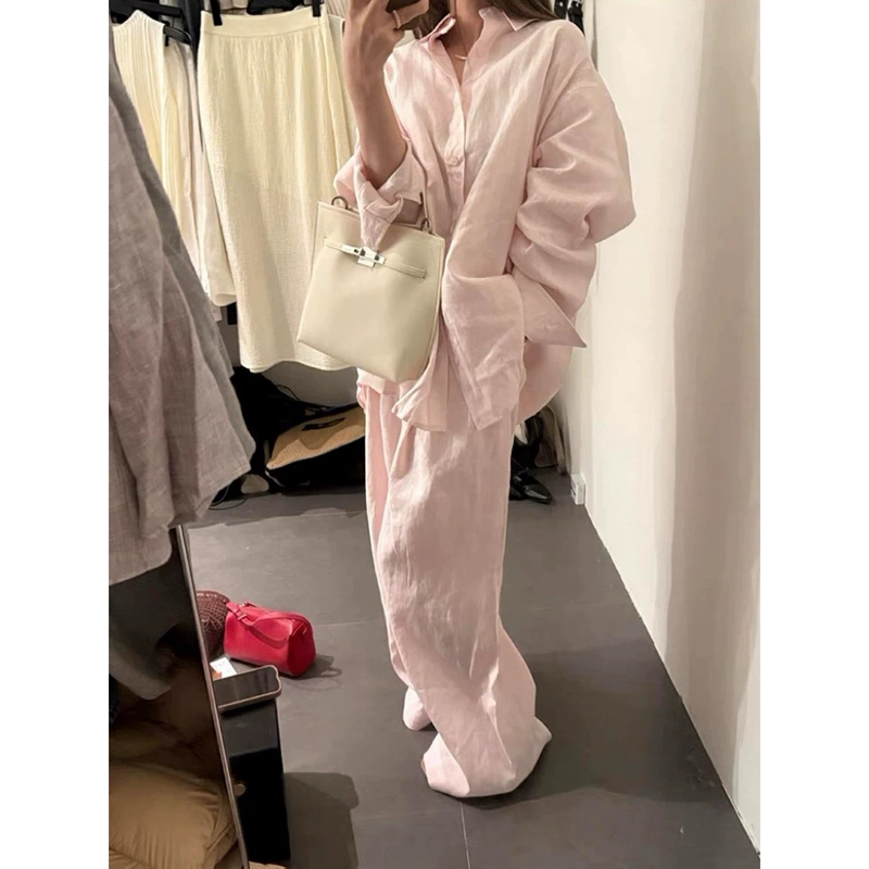 Korean Pink Sun-Protective Linen Shirt and Wide-Leg Pants Set for Petite Women, Cotton-Linen Top, Casual Sports Two-Piece Set Korean Pink Sun-Protective Linen Shirt and Wide-Leg Pants Set for Petite Women, Cotton-Linen Top, Casual Sports Two-Piece Set
