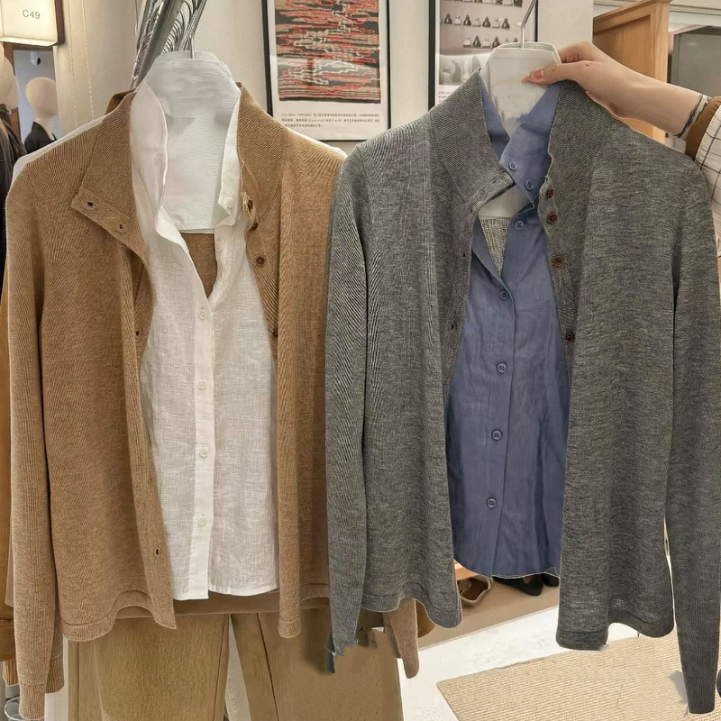 Korean Old Money Style Linen Patchwork Fake Two-Piece Knitted Top for Women, High-End Feel, Early Autumn 2026 New Versatile Cardigan Korean Old Money Style Linen Patchwork Fake Two-Piece Knitted Top for Women, High-End Feel, Early Autumn 2026 New Versatile Cardigan