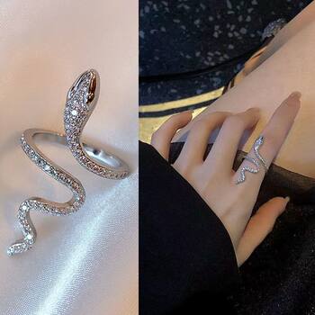 Micro-Inlaid Zircon Snake-Shaped Ring for Women, Niche Open Adjustable Design, Index Finger Ring, Internet Celebrity Exaggerated Stunning Ring
