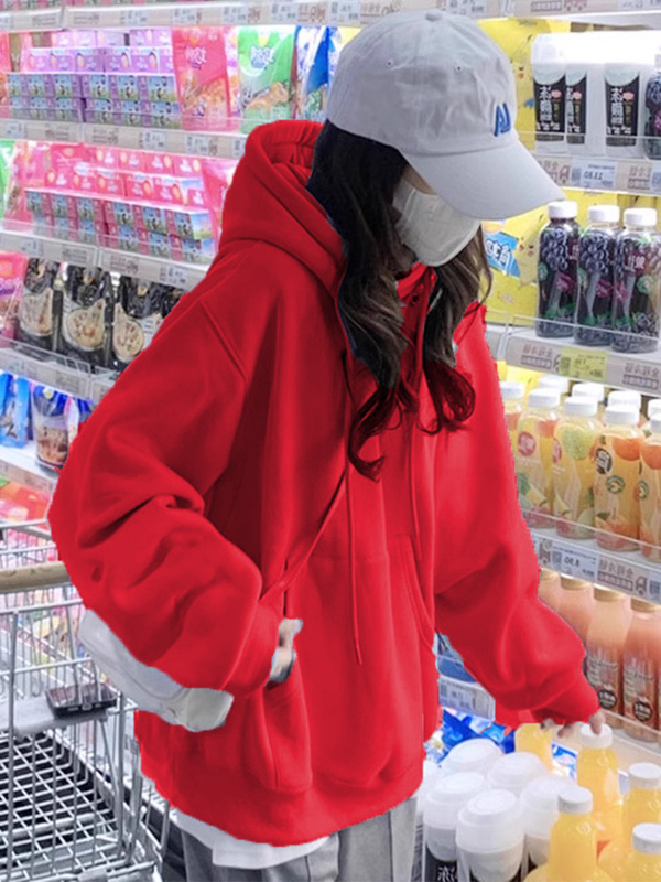 New Year Red Hooded Sweatshirt for Women, Early Spring Thin Style, 2026 New Autumn and Winter Fleece-Lined Thickened Butt-Covering Top Jacket