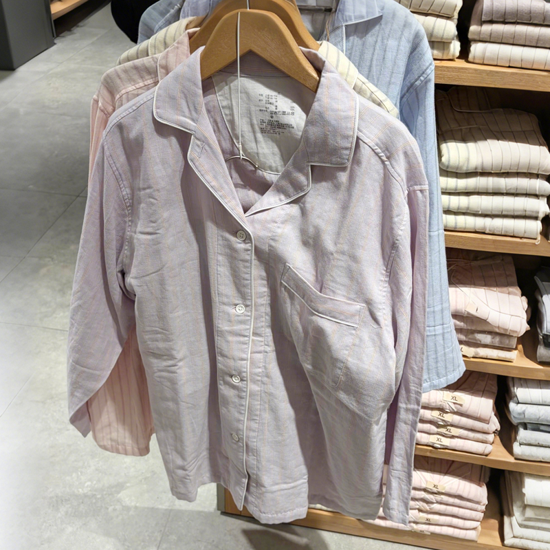Muji's New All-Cotton Pajamas, Seamless Double-Layer Gauze, Class a Striped Long-Sleeved Loungewear Set for Men and Women, Couple Style