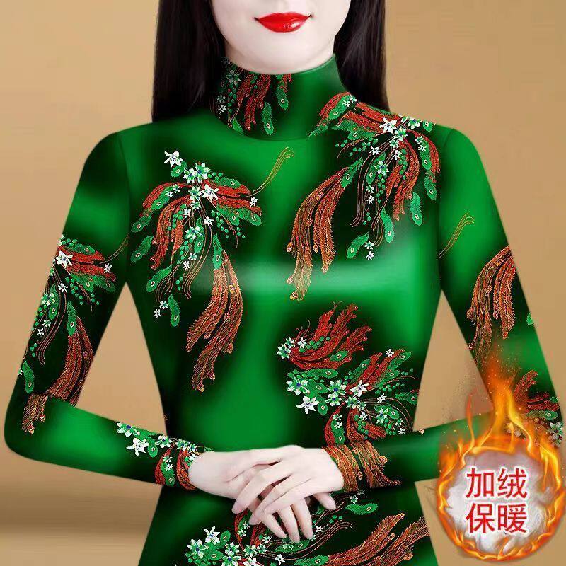 Half-height collar cashmere undershirt woman autumn winter new foreign air printed warmth in old age with a small shirt blouses-Taobao