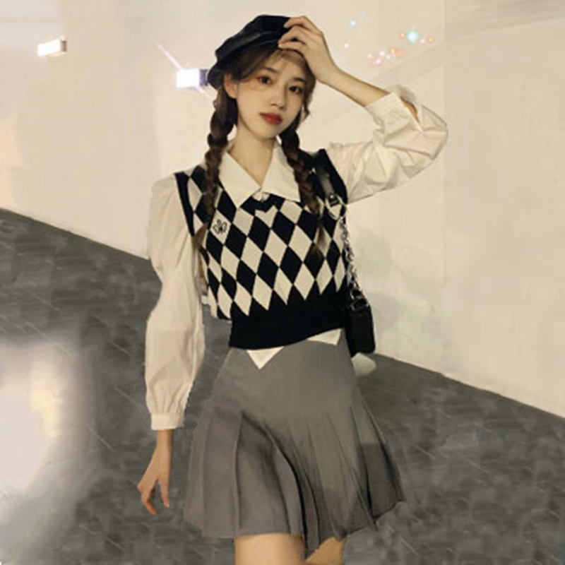 Jk Uniform White Long-Sleeved Short Shirt for Women Spring & Fall Layered Sweater Knitted Vest Preppy Style Quilted Vest Set Jk Uniform White Long-Sleeved Short Shirt for Women Spring & Fall Layered Sweater Knitted Vest Preppy Style Quilted Vest Set