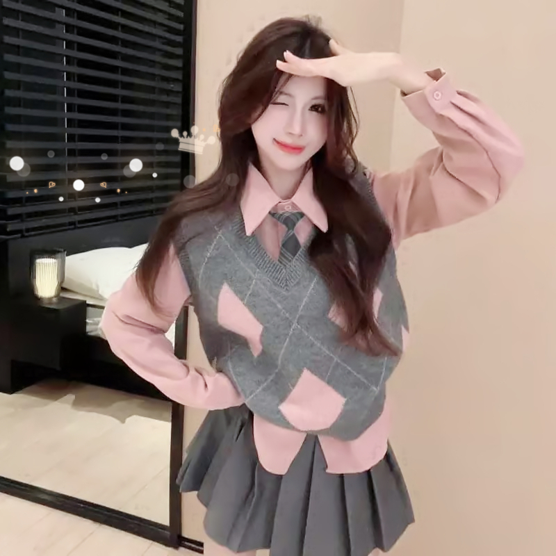 College-Style Pink Diamond-Patterned Knitted Vest for Women, Spring and Autumn Outerwear Sweater Vest Layered with Shirt, Jk Uniform Two-Piece Set