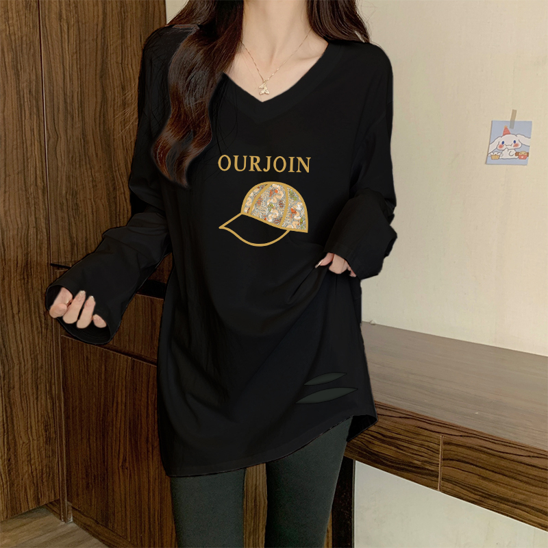 V-Neck Top for Women, Autumn and Winter New Style, Korean Version, Loose Fit, Plus Size, Mid-Length, Long-Sleeved T-Shirt, Solid Color, Distressed Base Shirt