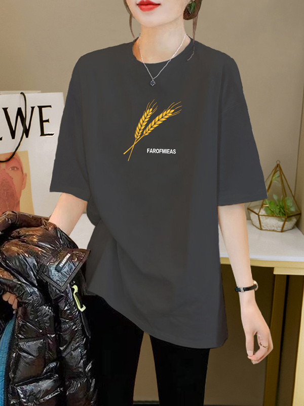 2025 Summer New Pure Cotton Short-Sleeved T-Shirt for Women, Korean Style Gray Base Shirt, Mid-Length Loose Half-Sleeve Top, Trendy