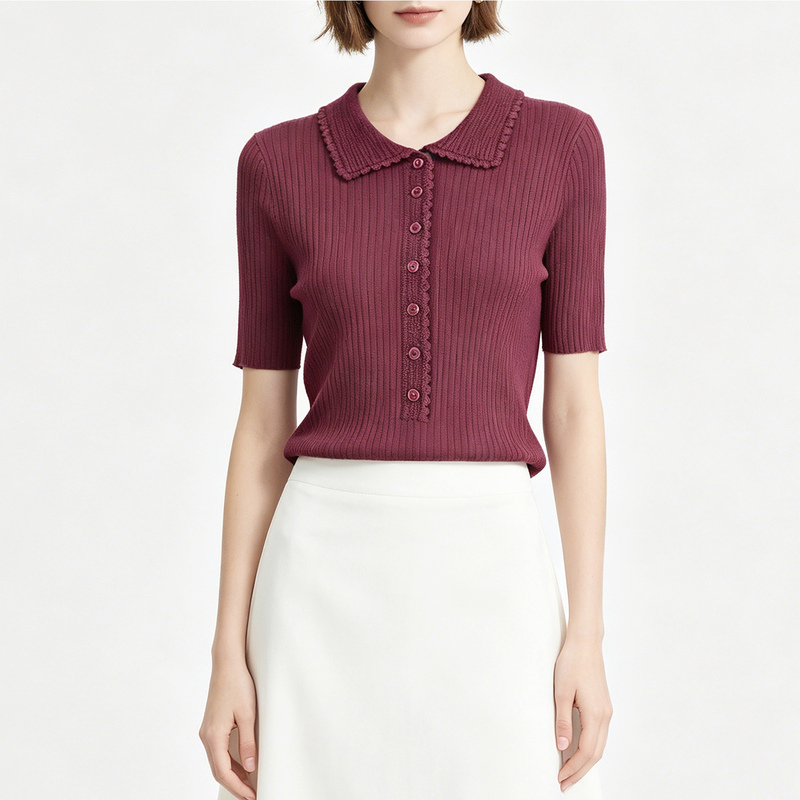 60-Count Fine-Spun Silk Wool Spring and Summer Silk Wool Sweater Polo Collar Knitwear Retro French-Style Women's Collared Top 60-Count Fine-Spun Silk Wool Spring and Summer Silk Wool Sweater Polo Collar Knitwear Retro French-Style Women's Collared Top