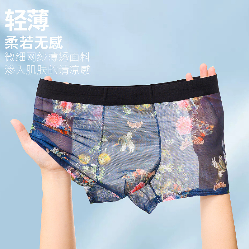 Men's Underwear Ice Silk Ultra-Thin Printed Sexy Mesh Transparent Breathable Seamless Boxer Briefs Summer Boxer Shorts