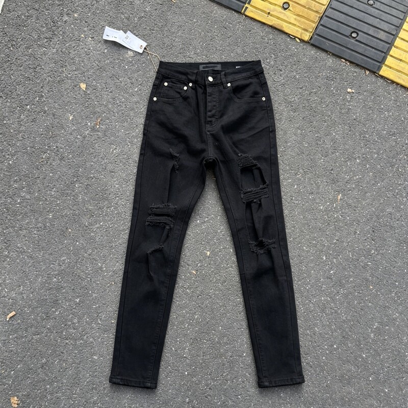 Spring and Summer American-Style Pu Black Ripped Jeans for Men, Slim Fit, Stretchy, Skinny Leg, Knee Cut-Out Distressed Distressed Jeans, Trendy Spring and Summer American-Style Pu Black Ripped Jeans for Men, Slim Fit, Stretchy, Skinny Leg, Knee Cut-Out Distressed Distressed Jeans, Trendy