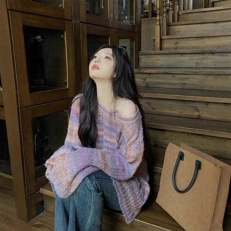 Pink and Purple Off-Shoulder Hollow Striped Sweater for Women, Spring and Autumn Lazy Style Loose Long-Sleeved Pullover Knitwear Colorful Top