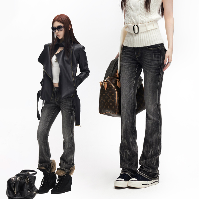 Common in 0120 Retro Heavy-Duty Low-Waist Black and Gray Gradient Pants Washed Cat Claw Pattern Micro-Flared Jeans for Women