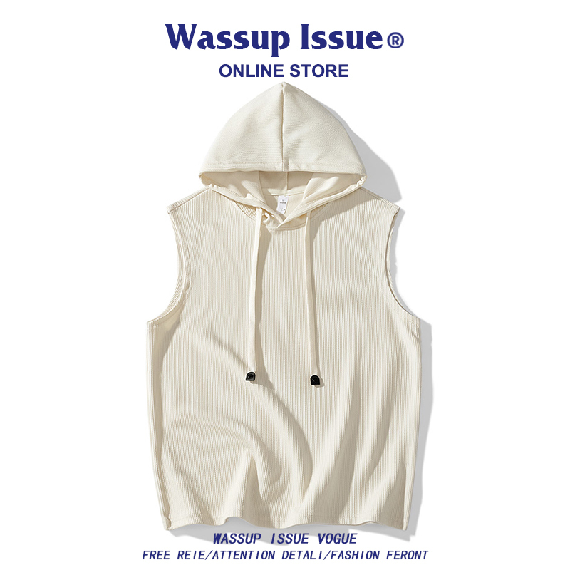 Wassup Issue American-Style Hooded Sports Vest for Men, Summer Trendy Thin Loose Casual Sleeveless T-Shirt for Men