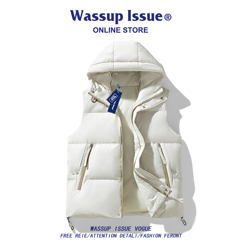 Wassup Issue American Style Trendy Thickened Vest Men's Winter Hooded Warm down Jacket Vest for Men