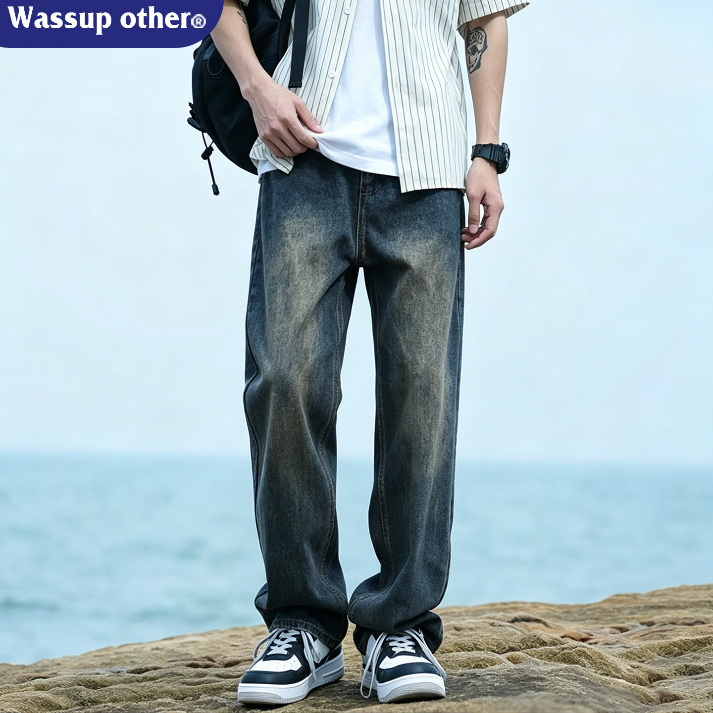Мужские осенне-зимние джинсы WASSUP ISSUE American high street, застиранные, свободные, прямые, с широкими штанинами, плюс бархатные брюки, мужские Изображение 1