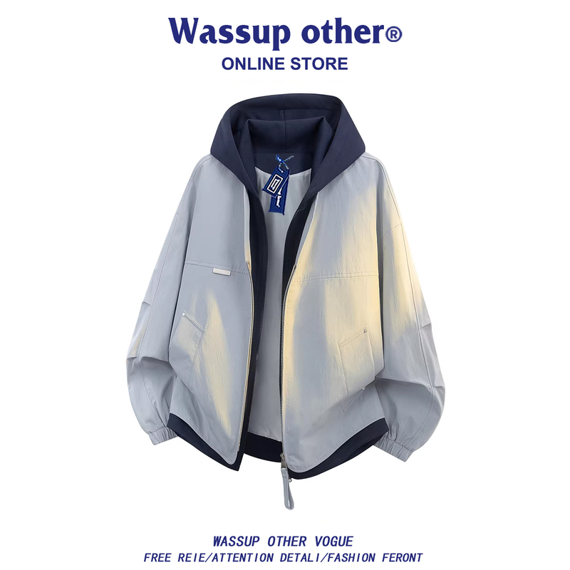 Wassup Other American Retro Style Fake Two-Piece Hooded Large Size Jacket for Men, New Spring and Autumn Outdoor Jacket for Men