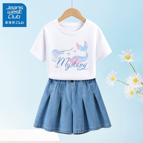 Летняя юбка на девочку, тонкая детская джинсовая юбка, комплект, штаны, подходит для подростков