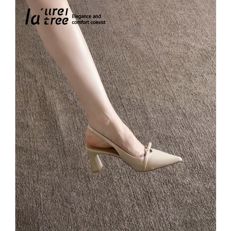La'Ureltree Sheepskin Edition ~ Pointed Toe Bowknot Chunky Heel High Heels Women's Strap Hollow Toe Sandals