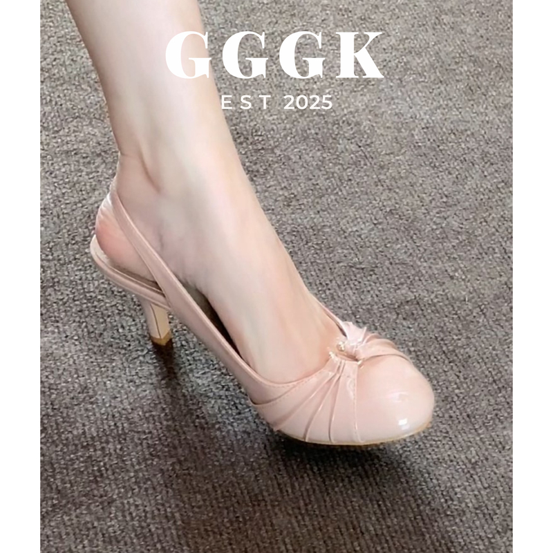 Gggk Niche Design Nude Pleated Round-Toe Metal Buckle Stiletto High Heels Women's Closed-Toe Strap Sandals Gggk Niche Design Nude Pleated Round-Toe Metal Buckle Stiletto High Heels Women's Closed-Toe Strap Sandals