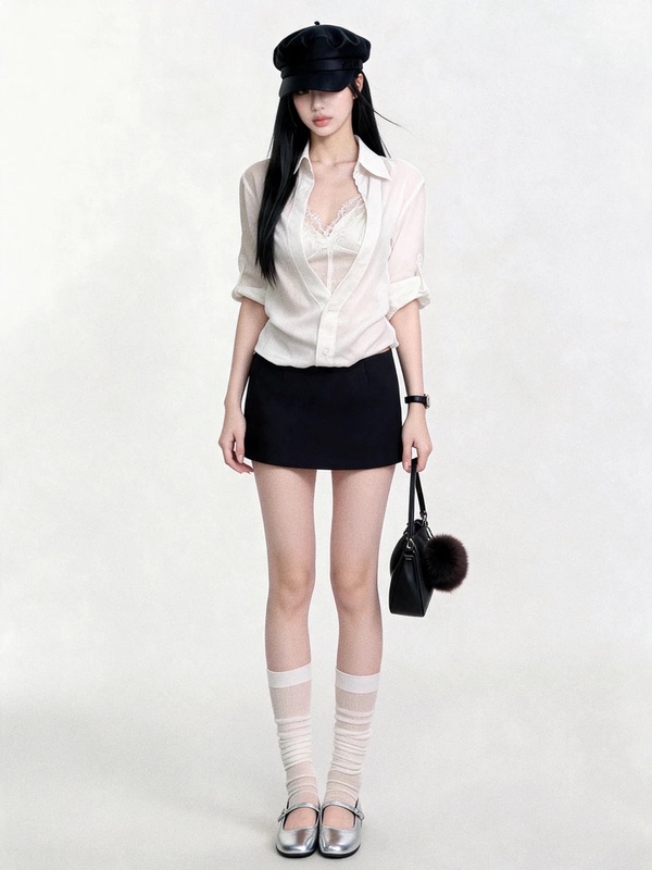 Chic Nini2026 Early Autumn New Lace Patchwork Fake Two-Piece Shirt + Slimming Half-Length Pants Skirt for Women Chic Nini2026 Early Autumn New Lace Patchwork Fake Two-Piece Shirt + Slimming Half-Length Pants Skirt for Women