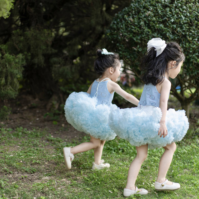 ເດັກຍິງຮຸ່ນທີສອງ TUTU skirt glacier ສີຟ້າ, beige ແລະສີຂາວທີ່ມີຕາຫນ່າງສີຟ້າອ່ອນ tutu skirt Princess skirt ວັນເດັກນ້ອຍເຕັ້ນລໍາ