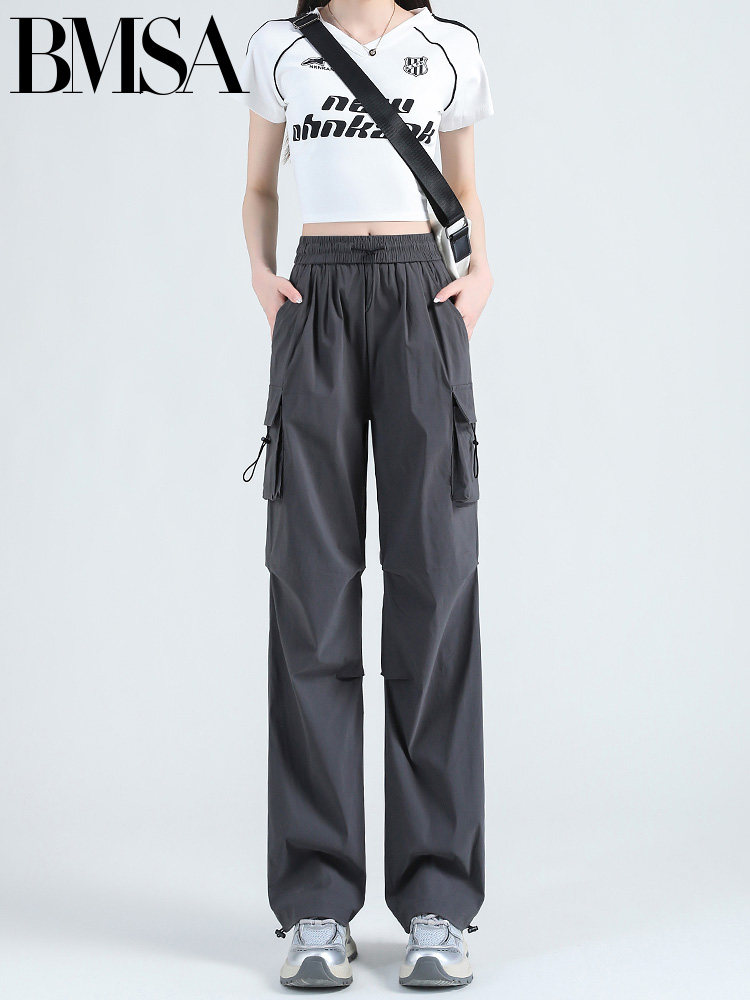 速干工装裤女夏2025新款美式复古小个子高腰宽松阔腿直筒灰色裤子