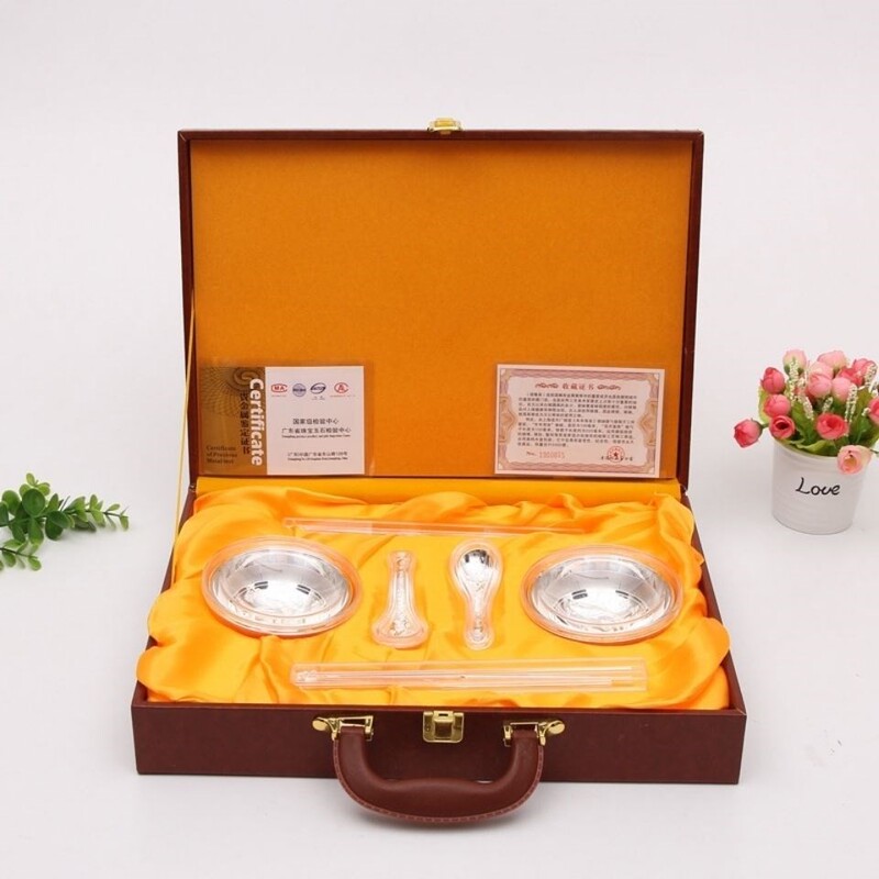 999 Pure Silver Bowl Three-Piece Set as a High-End Gift for Leaders, Company Benefits, Group Purchase, Pure Silver Bowl and Chopsticks