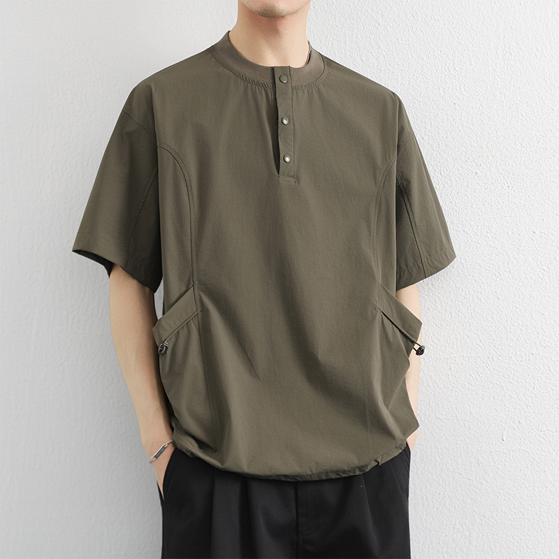 Side Pocket Henry Collar Short-Sleeve T-Shirt for Men 2026 New Summer American Style Trendy Brand Half-Sleeve Thin Quick-Dry T-Shirt