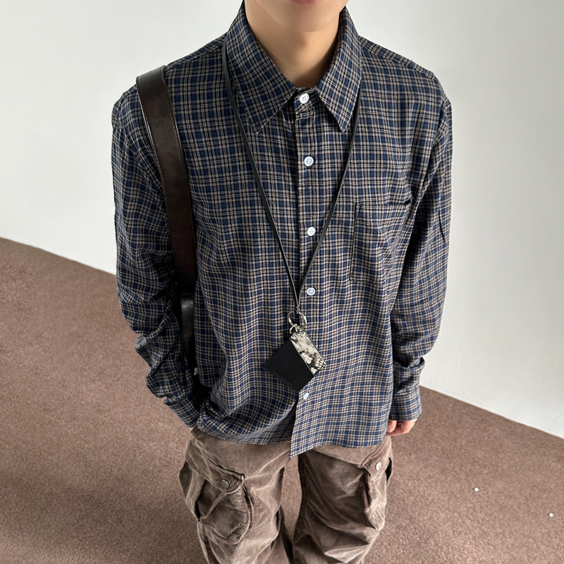 Mkclot Gray Miu Series Brown and Blue Plaid Shirt for Men, Long-Sleeved Casual Loose Spring and Autumn Thin Jacket