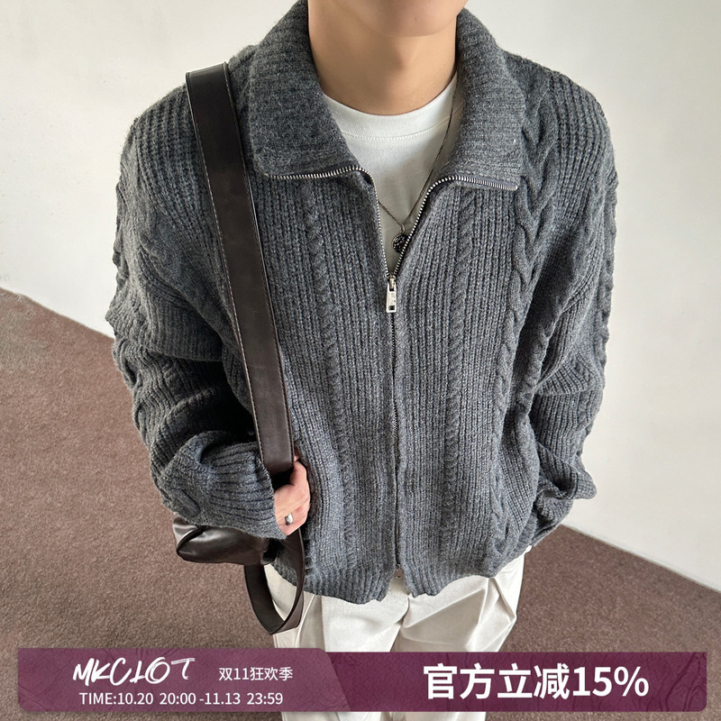 Mkclot American Retro Thick-Knit Wheat Ear Pattern Sweater Cardigan Jacket for Men and Women, Autumn and Winter Warm Knitwear Top