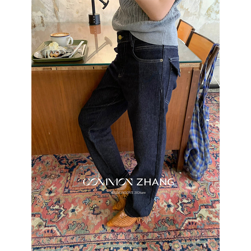 Cz Zhang Women's Jeans with Back Waist Button Design, New Autumn Style, Mid-Waist Straight Pants Cz Zhang Women's Jeans with Back Waist Button Design, New Autumn Style, Mid-Waist Straight Pants