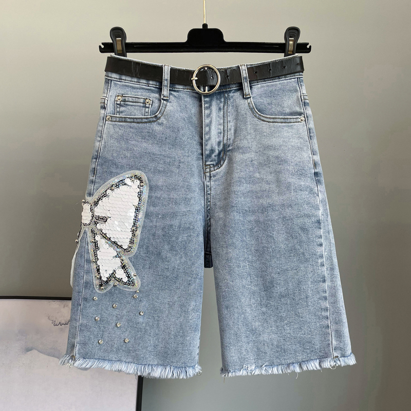 2024 Summer New European Style Versatile Slim High-Waisted Slimming Beaded Sequin Denim Shorts Women's Thin Five-Point Shorts 2024 Summer New European Style Versatile Slim High-Waisted Slimming Beaded Sequin Denim Shorts Women's Thin Five-Point Shorts