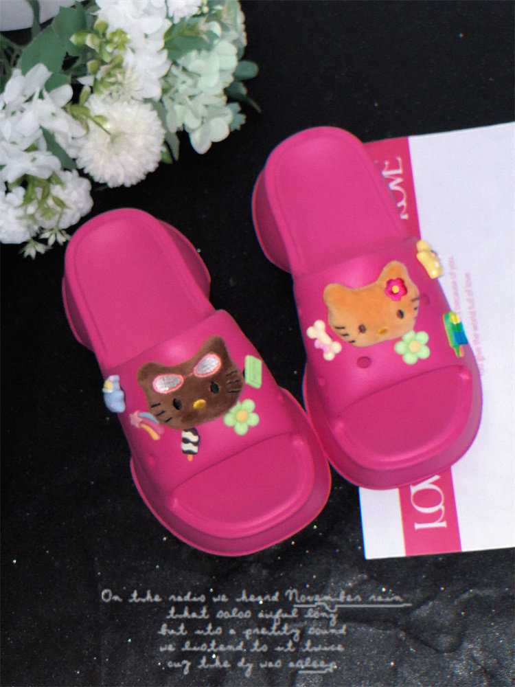 Гавайские черные кожаные тапочки Hello Kitty, женские летние повседневные тапочки для кукол hellokitty, верхняя одежда на толстой подошве Изображение 1