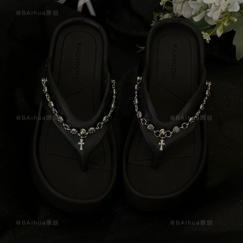 Женские шлепанцы на массивной подошве 2024 года Cross Chain Flip-Flops, стиль панк-ретро субкультура, модные женские тапочки-водки-подошва
