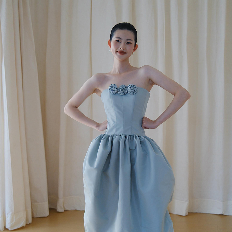 French-Style High-End Petite Blue Strapless Floral Engagement Wedding Light Wedding Dress Robe Birthday Dress for Women